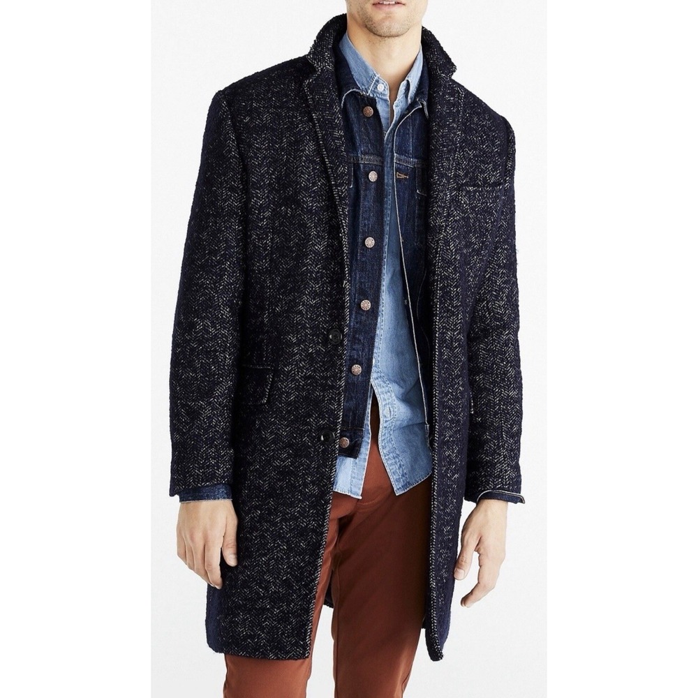 J Crew Thompson Herringbone Wool Overcoat 44 Dark Academia Ivy Tweed Navy Coat